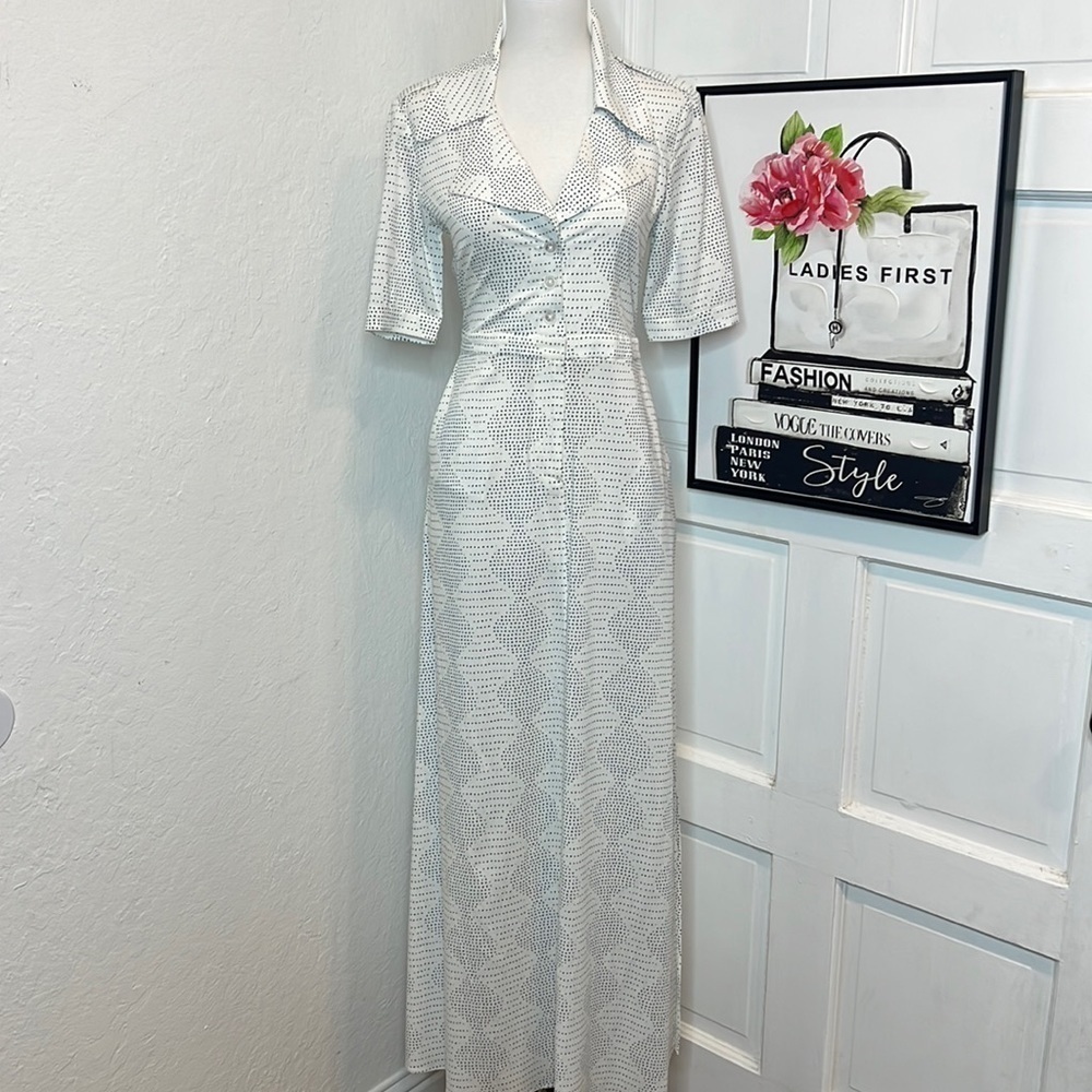 Tucker NYC White W/Blue Dots Midi Side Slit Shirt Dress Size XXS